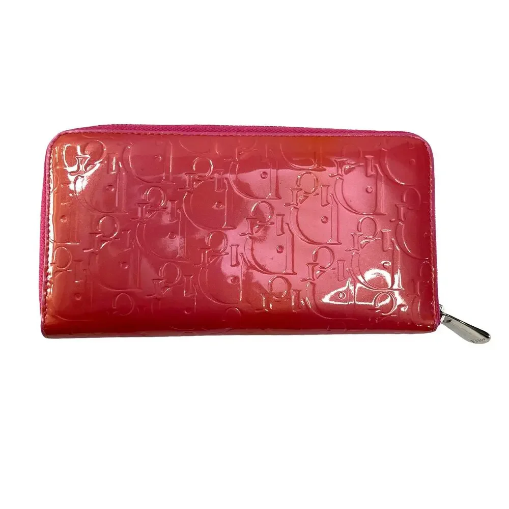 Christian Dior Pink Patent Leather Cannage Logo Zip Around Wallet Italy